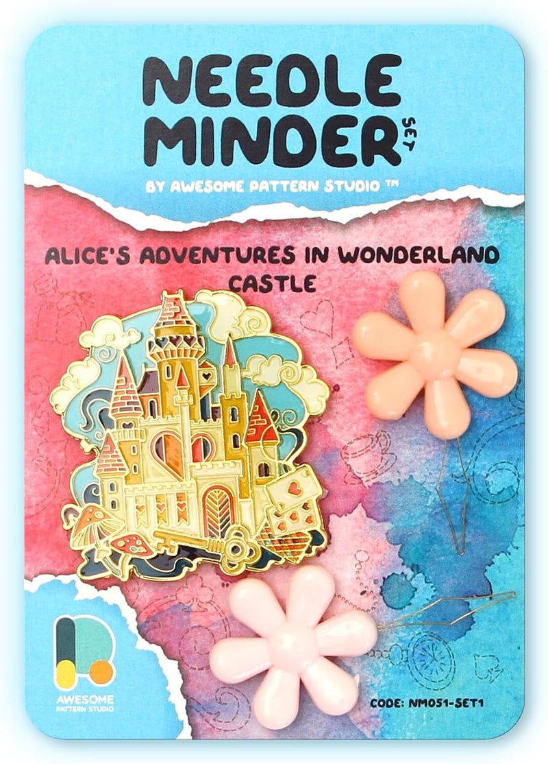 Awesome Pattern Studio Needle Minder Set - Alice's Adventures in Wonderland Castle Magnetic Needle Minder + 2 Needle Threaders. Enamel Pin for Cross Stitch, Embroidery and Craft - Image 1